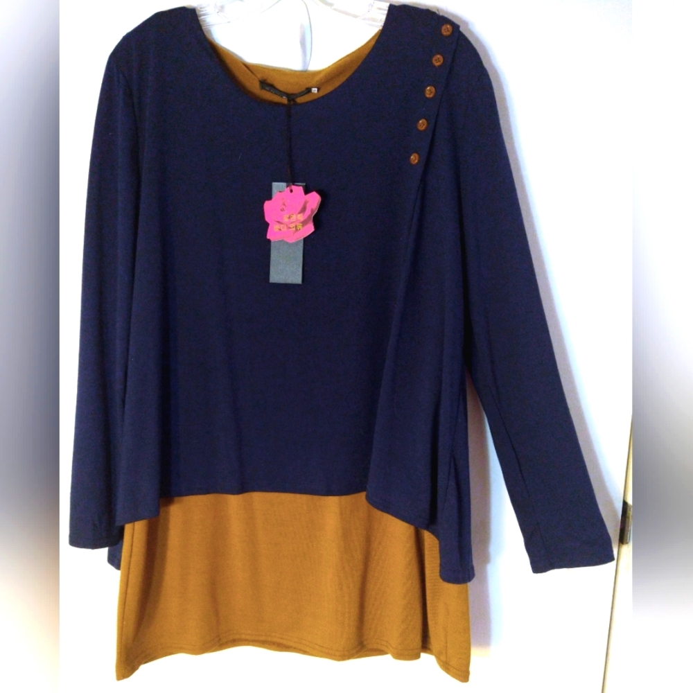 DARK BLUE AND RICH TAN COLOR BLOCK TOP SIZE 4XL SOFT BRUSHED POLY LONG SLEEVES